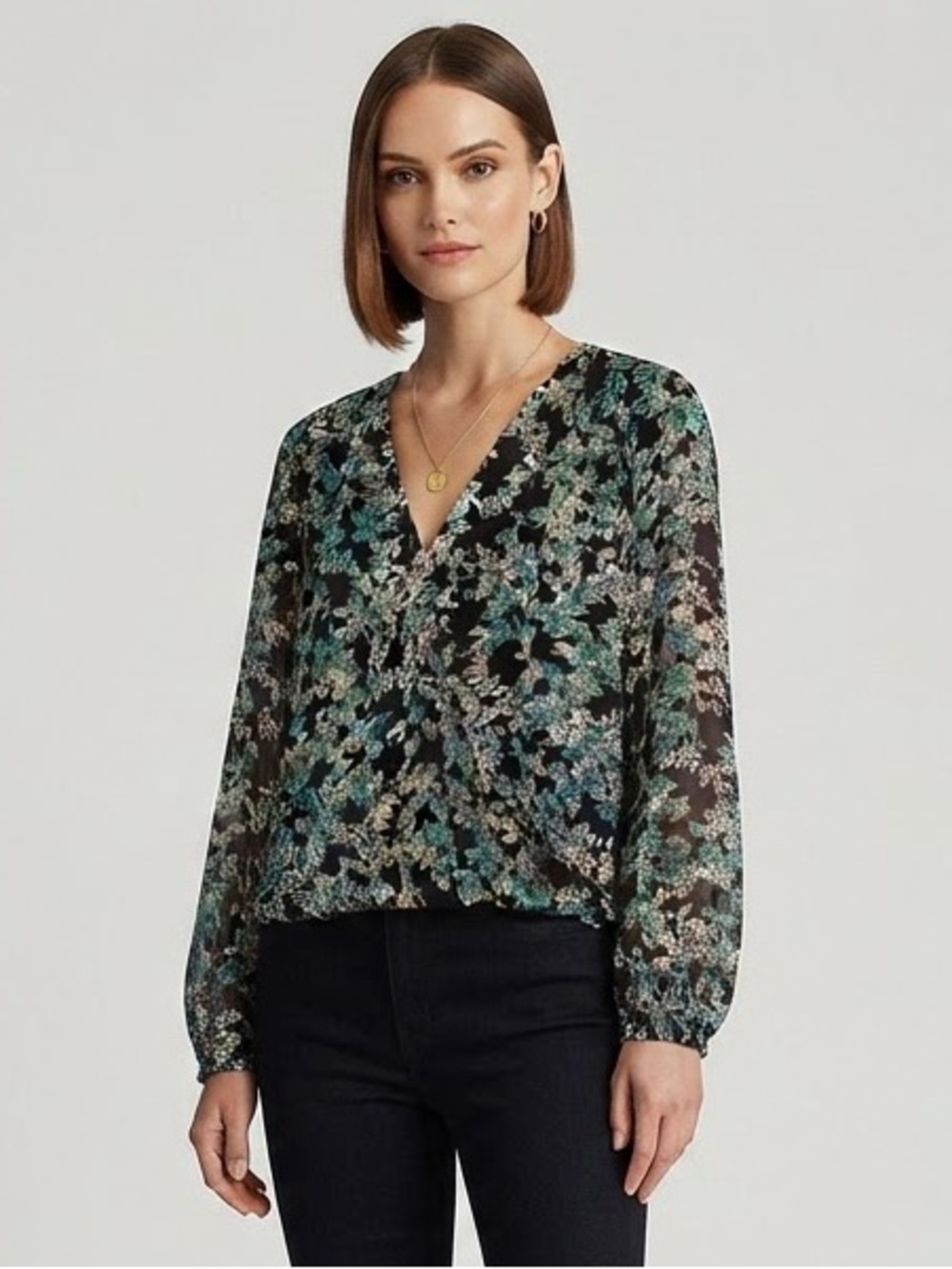 White House Black Market Floral Faux Wrap Blouse V-Neck Long Sleeve Black Large